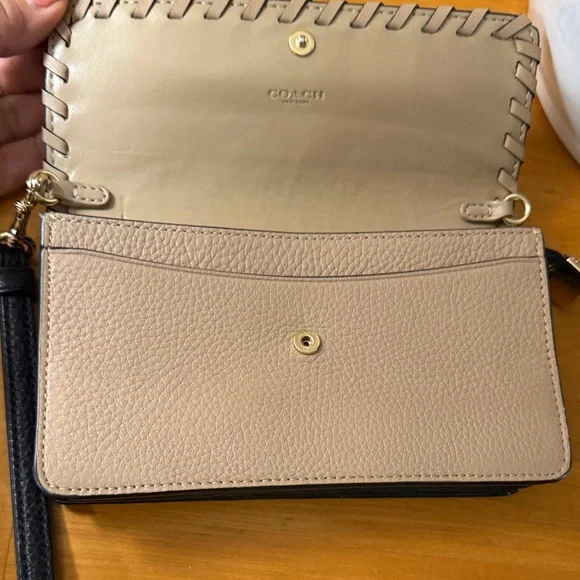 Coach Two-Tone Cream & Taupe Leather Crossbody Wristlet with Black Strap - Picture 7 of 16